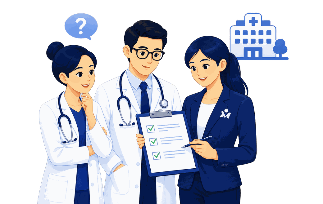Ilustracja: konsultantka Pro-Medicus z listą pytań oraz lekarze rozważający pracę w Niemczech