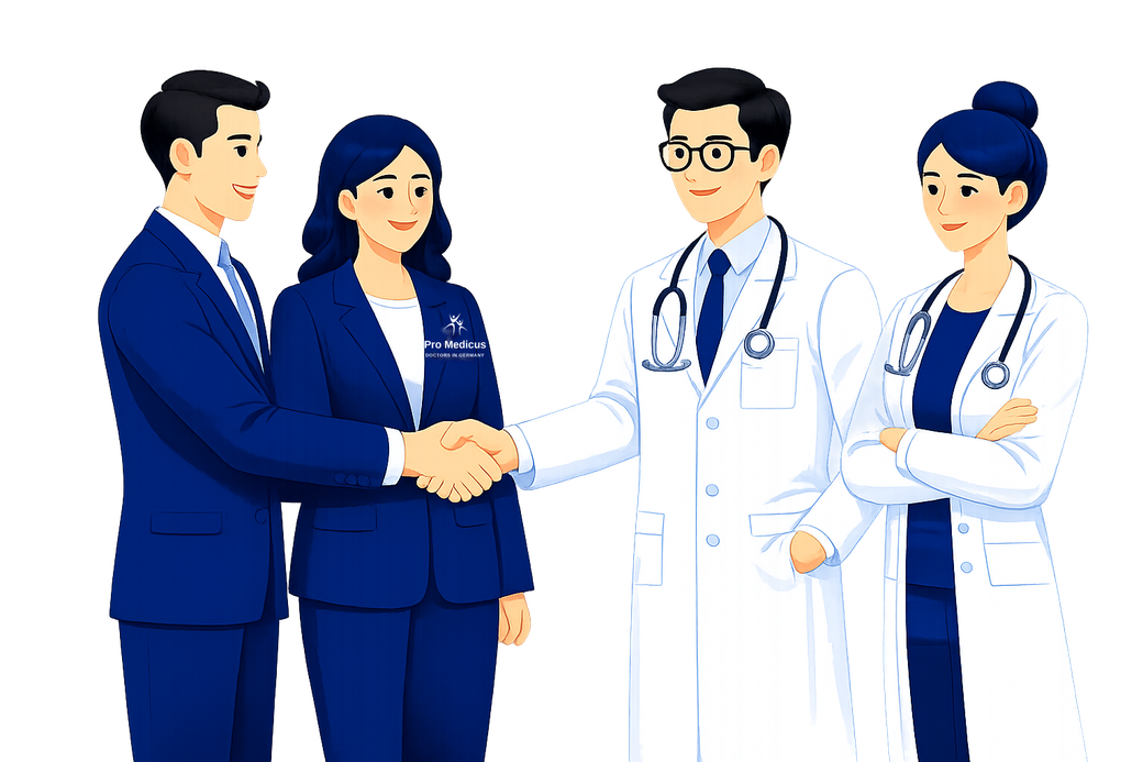 Ilustracja: uścisk dłoni — współpraca lekarzy z Pro-Medicus